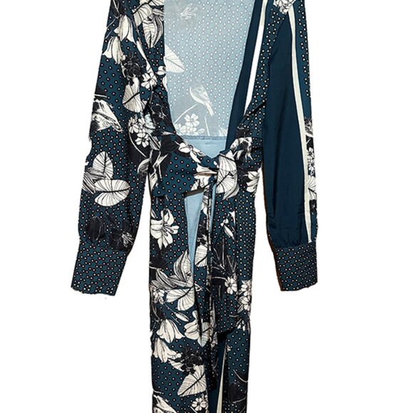 Zara Other - Zara Teal Blue Floral Dotted Patchwork Printed Satin Belted Kimono Robe Size S/M